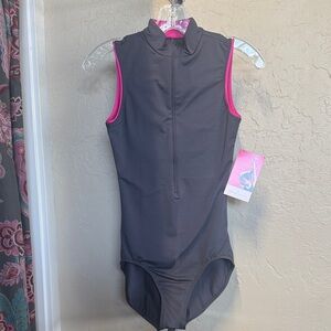 Gray Sleeveless Zip-Up Leotard with Pink accents color